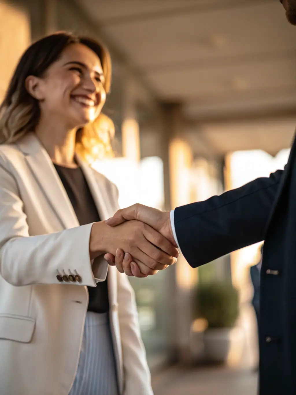 A friendly financial consultant shaking hands with a client in front of the South African flag, symbolizing trust and partnership.