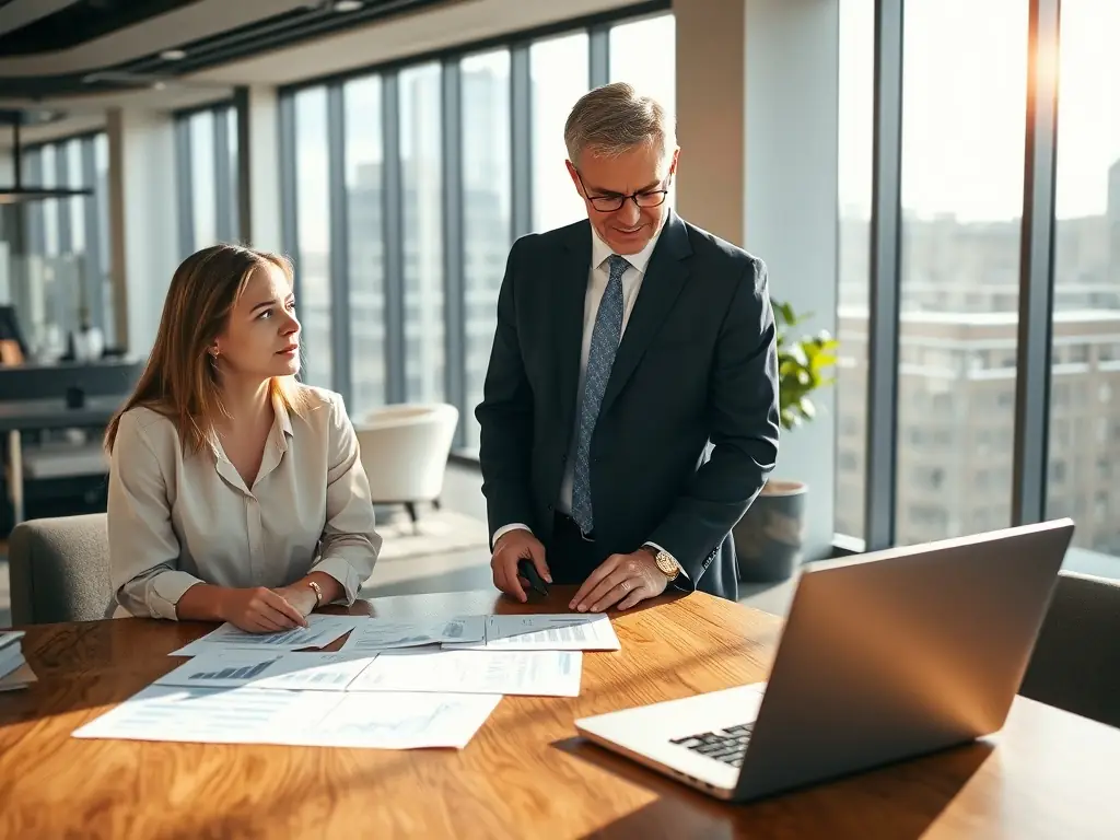 A professional financial advisor discussing investment options with a client in a modern office setting, emphasizing the South African market.
