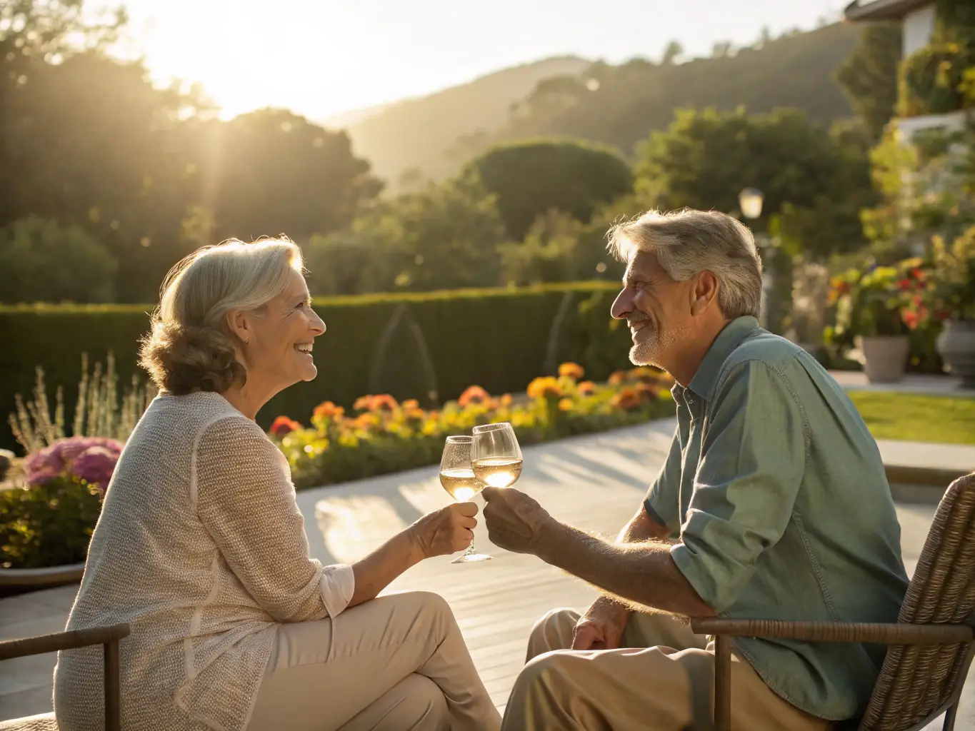 An elderly couple is enjoying their retirement, with a backdrop of a scenic South African landscape, representing the peace of mind achieved through effective retirement planning.