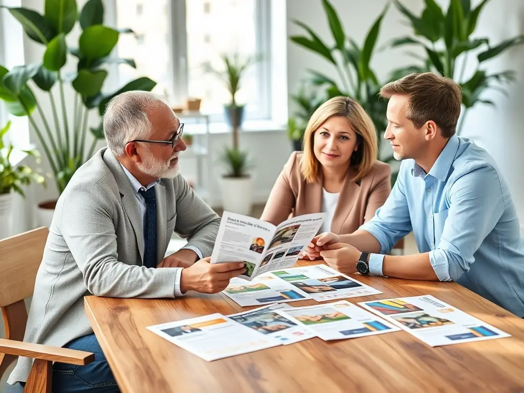 An elderly couple discussing retirement options with a financial consultant, focusing on South African pension schemes.