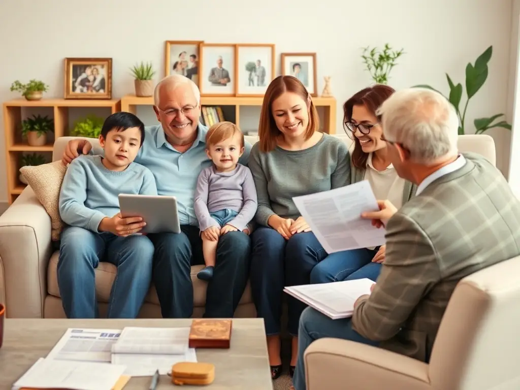 A family is discussing their financial plans with a consultant in a comfortable setting, emphasizing the importance of wealth management for future generations in South Africa.