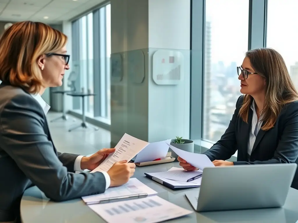 A professional South African financial consultant is reviewing investment portfolios in a modern office setting, with Johannesburg skyline visible through the window, symbolizing strategic financial planning.